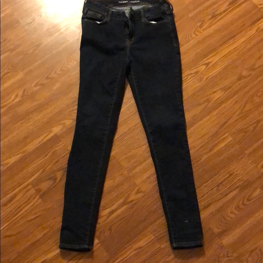 Dark wash rock star jeans with gold threading